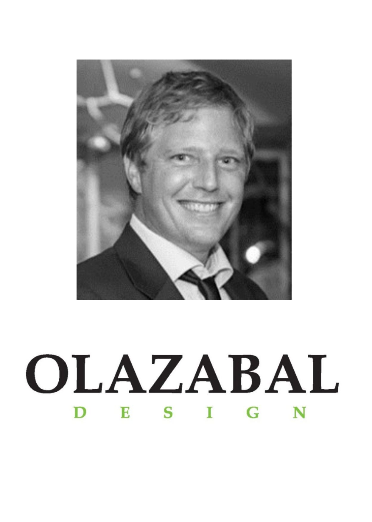 Porträt von Toni Ortner von Olazabal Desigh und Schriftzug von Olazabal Design