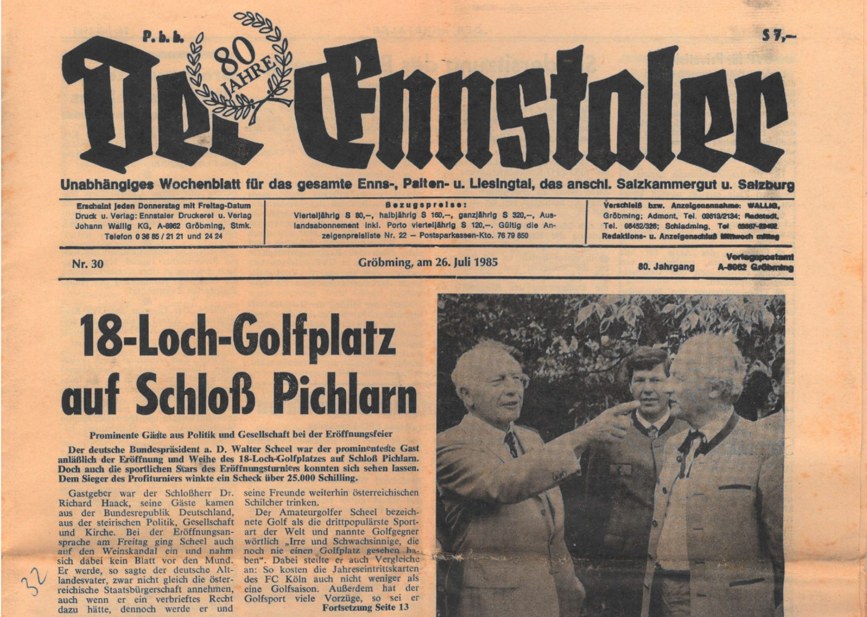 Zeitungsbericht über Golfplatz Eröffnung 1985 Schloss Pichlarn